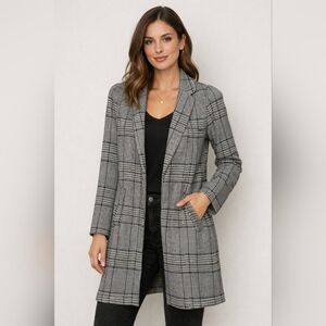 Dynamite Grey Plaid Long Blazer Coat – Tailored Check Jacket